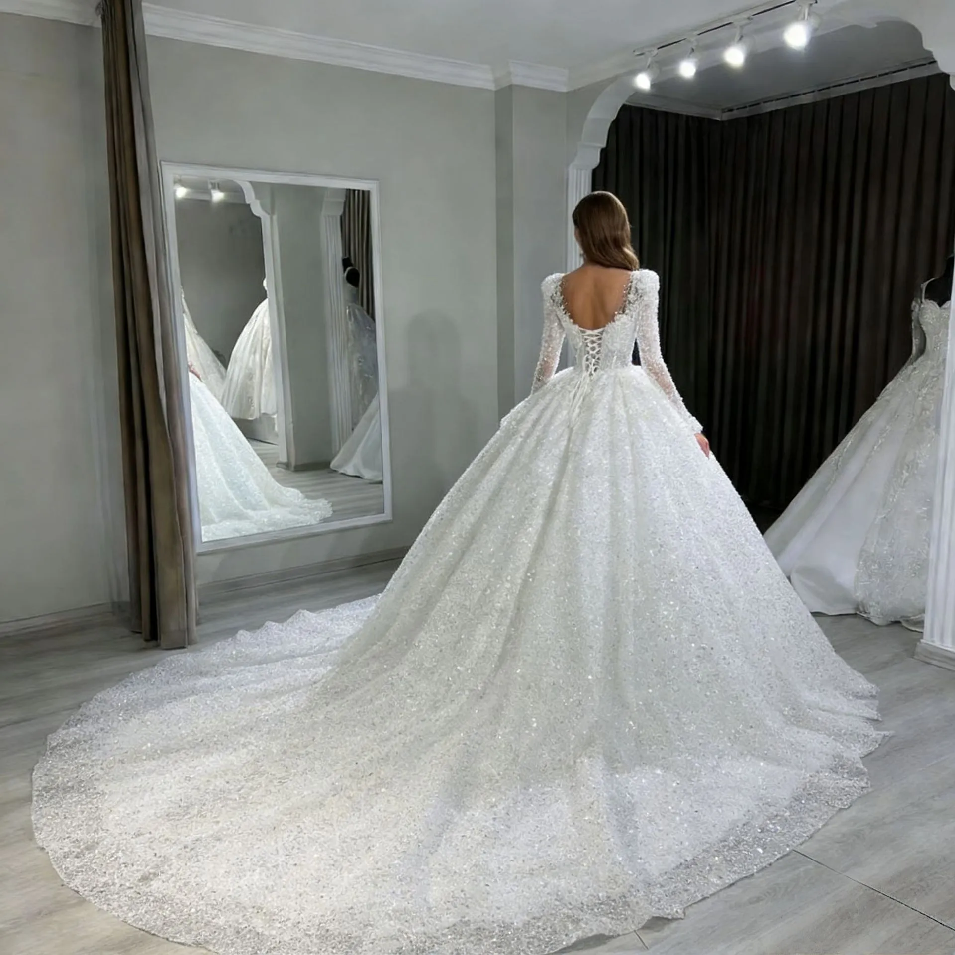 Luxury Heavy Beaded Tutu Wedding Dress for Bride - French Style Tail Bridal Gown - Elegant Formal Evening Wear thumbnail 3