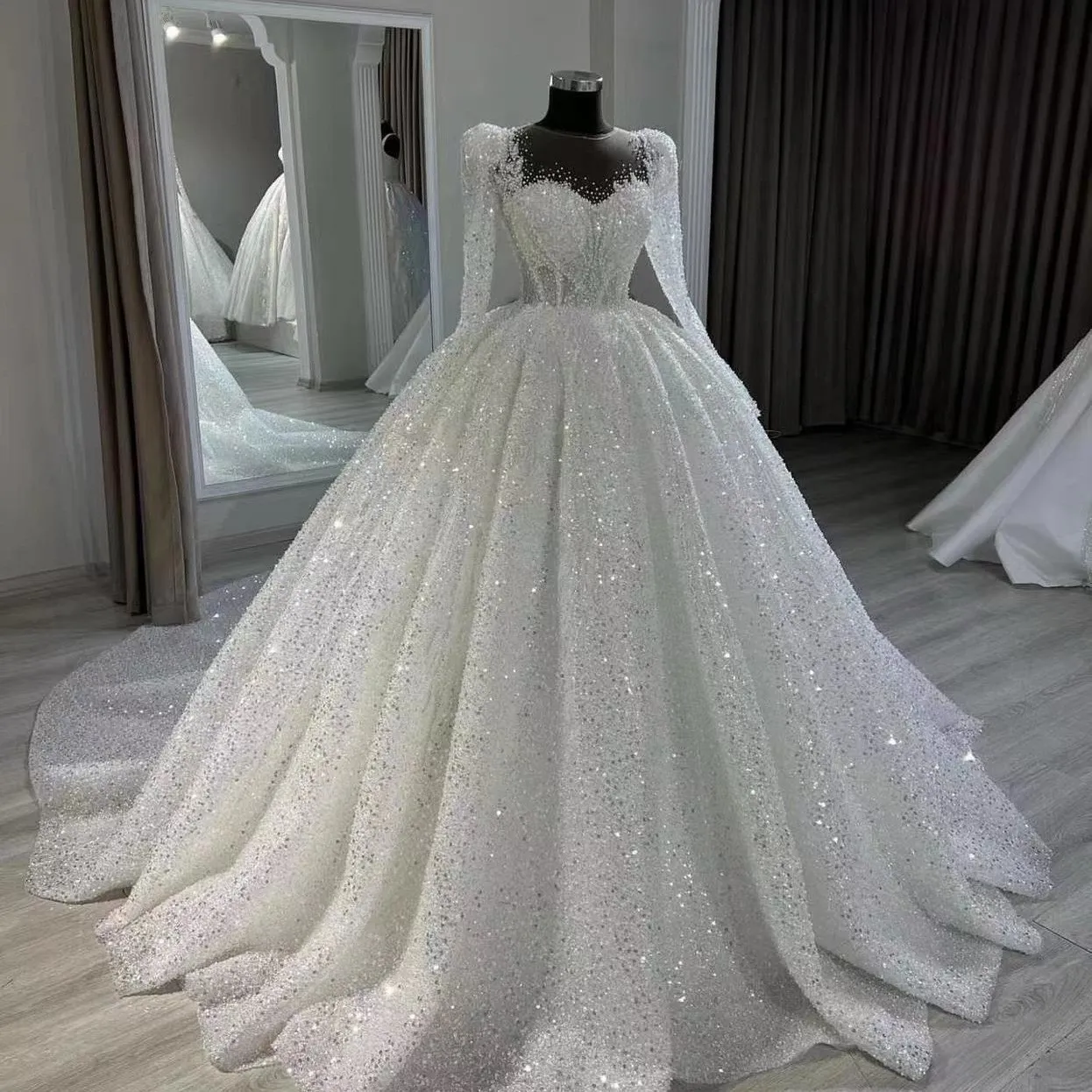 Luxury Heavy Beaded Tutu Wedding Dress for Bride - French Style Tail Bridal Gown - Elegant Formal Evening Wear thumbnail 6