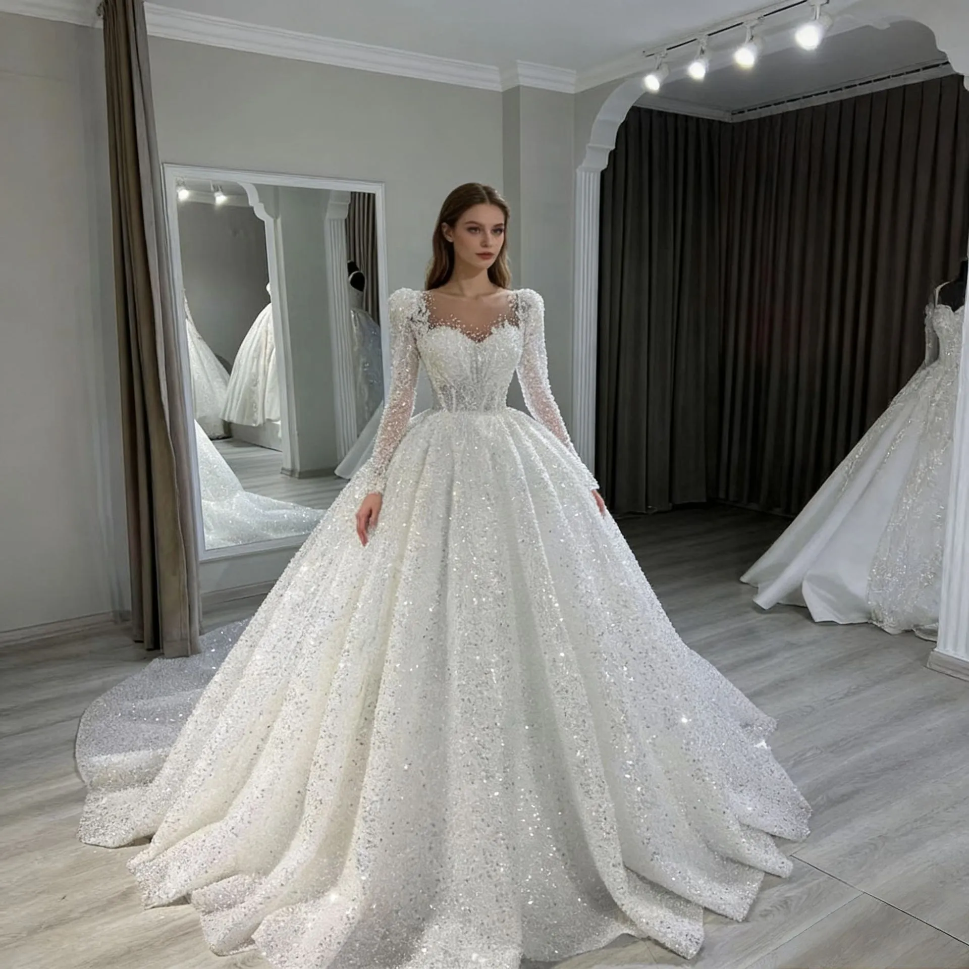 Luxury Heavy Beaded Tutu Wedding Dress for Bride - French Style Tail Bridal Gown - Elegant Formal Evening Wear thumbnail 2
