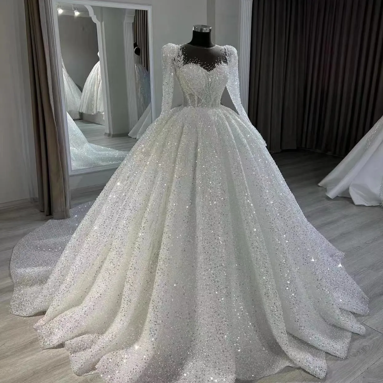 Luxury Heavy Beaded Tutu Wedding Dress for Bride - French Style Tail Bridal Gown - Elegant Formal Evening Wear thumbnail 1