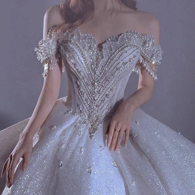 Luxury French One-Shoulder Starry Sky Wedding Dress for Women - 2025 New Bride, Palace Style, Heavy Industry Embellishment, Elegant Evening Gown thumbnail 1