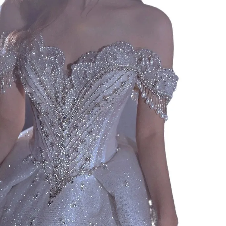 Luxury French One-Shoulder Starry Sky Wedding Dress for Women - 2025 New Bride, Palace Style, Heavy Industry Embellishment, Elegant Evening Gown thumbnail 5