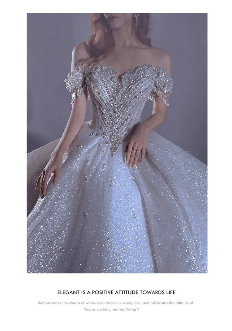 Luxury French One-Shoulder Starry Sky Wedding Dress for Women - 2025 New Bride, Palace Style, Heavy Industry Embellishment, Elegant Evening Gown showcase 3