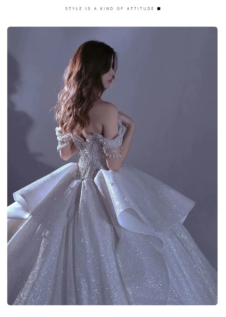 Luxury French One-Shoulder Starry Sky Wedding Dress for Women - 2025 New Bride, Palace Style, Heavy Industry Embellishment, Elegant Evening Gown showcase 9