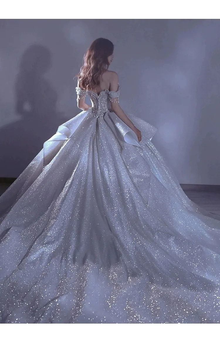 Luxury French One-Shoulder Starry Sky Wedding Dress for Women - 2025 New Bride, Palace Style, Heavy Industry Embellishment, Elegant Evening Gown showcase 11