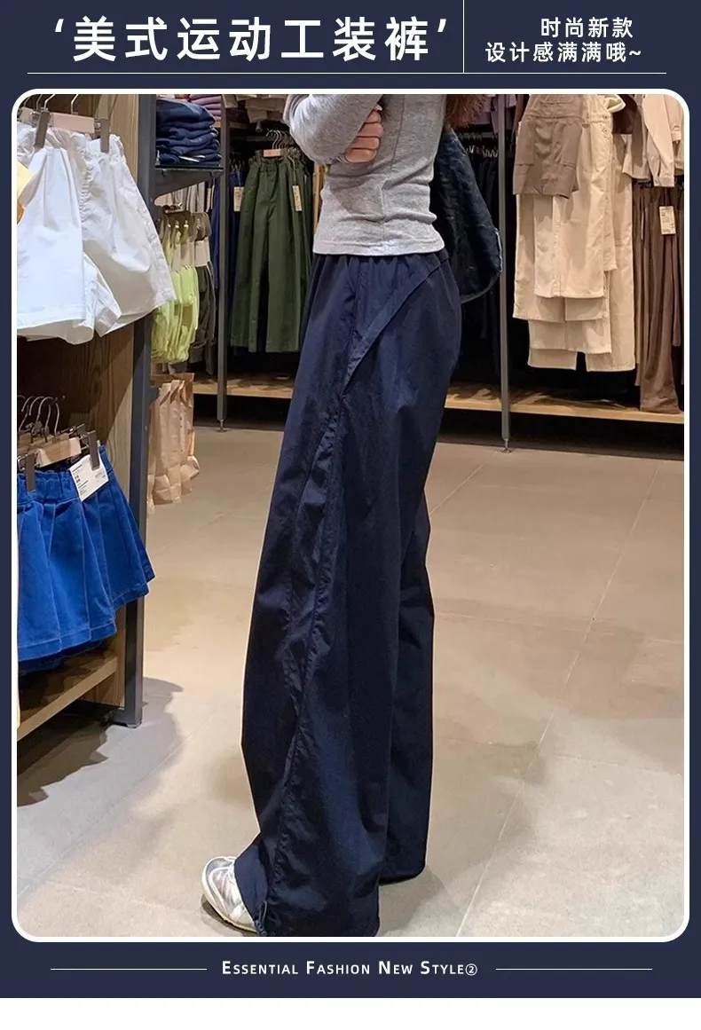 Navy Blue Women's Quick-Drying Cargo Pants - Summer Thin Loose Straight Wide-Leg Casual Sports Trousers for Petite Fit showcase 1