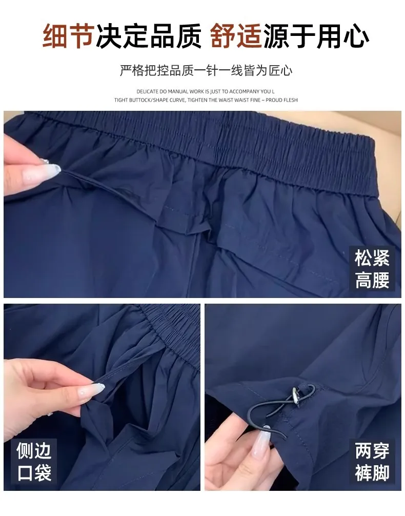 Navy Blue Women's Quick-Drying Cargo Pants - Summer Thin Loose Straight Wide-Leg Casual Sports Trousers for Petite Fit showcase 6
