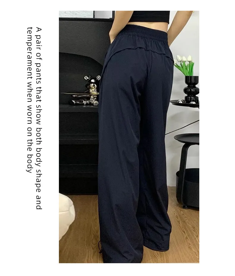 Navy Blue Women's Quick-Drying Cargo Pants - Summer Thin Loose Straight Wide-Leg Casual Sports Trousers for Petite Fit showcase 14