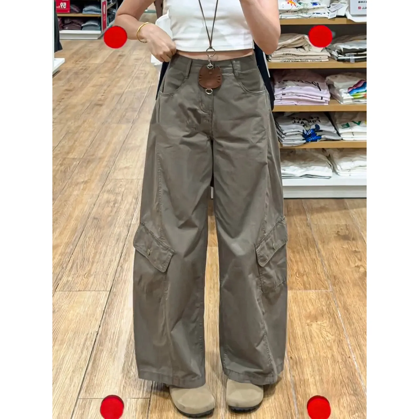 Women's Retro Wide-Leg Fleece-Lined Work Pants - High-Waisted, Petite Fit, Loose & Slimming Design for Autumn/Winter - Image 1