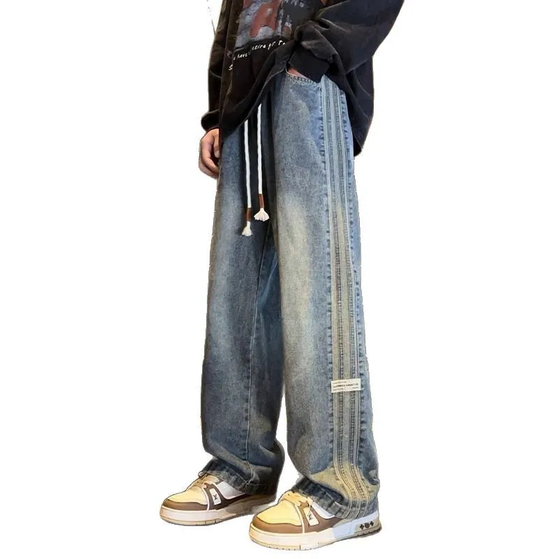 Men's Trendy Elastic Waist Jeans - Loose Fit Straight Wide Leg High Street American Style Pants for Teenagers & Adults thumbnail 5
