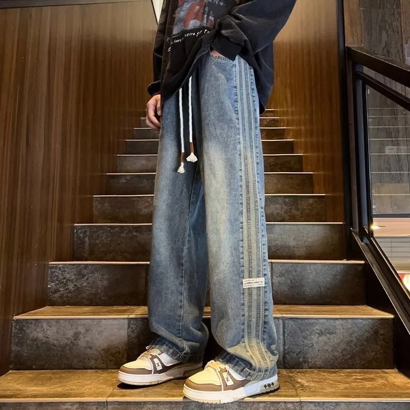 Men's Trendy Elastic Waist Jeans - Loose Fit Straight Wide Leg High Street American Style Pants for Teenagers & Adults thumbnail 2