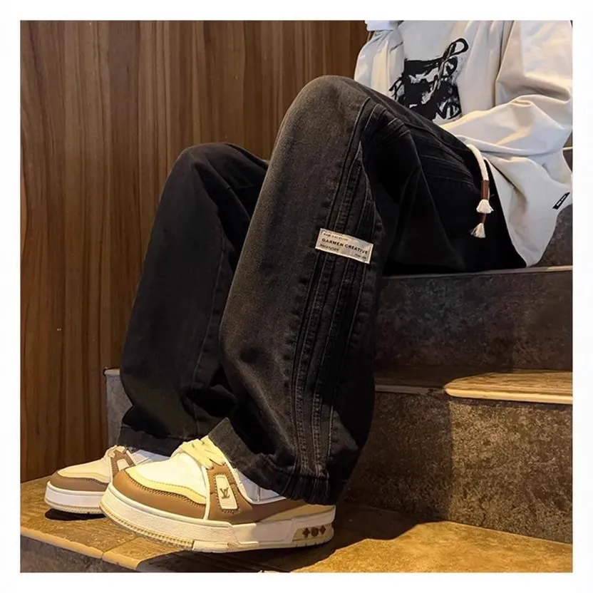 Men's Trendy Elastic Waist Jeans - Loose Fit Straight Wide Leg High Street American Style Pants for Teenagers & Adults thumbnail 3