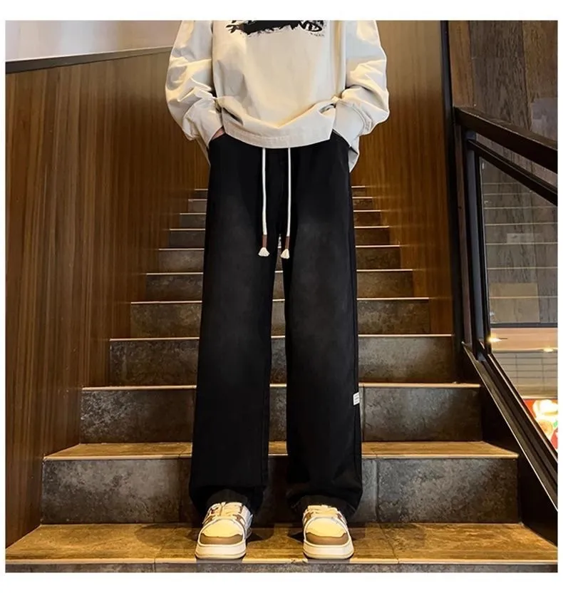 Men's Trendy Elastic Waist Jeans - Loose Fit Straight Wide Leg High Street American Style Pants for Teenagers & Adults showcase 5