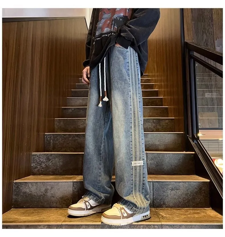 Men's Trendy Elastic Waist Jeans - Loose Fit Straight Wide Leg High Street American Style Pants for Teenagers & Adults showcase 10