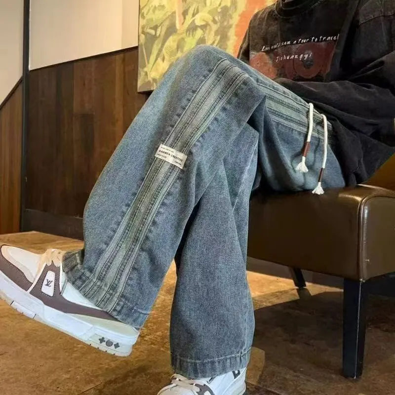 Men's Trendy Elastic Waist Jeans - Loose Fit Straight Wide Leg High Street American Style Pants for Teenagers & Adults showcase 1
