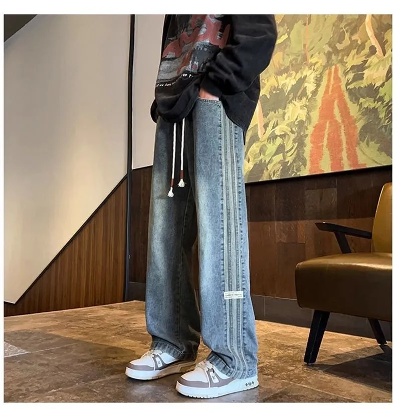 Men's Trendy Elastic Waist Jeans - Loose Fit Straight Wide Leg High Street American Style Pants for Teenagers & Adults showcase 13
