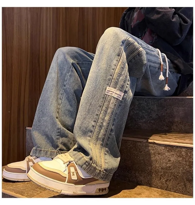 Men's Trendy Elastic Waist Jeans - Loose Fit Straight Wide Leg High Street American Style Pants for Teenagers & Adults showcase 12