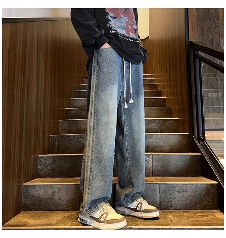 Men's Trendy Elastic Waist Jeans - Loose Fit Straight Wide Leg High Street American Style Pants for Teenagers & Adults showcase 11