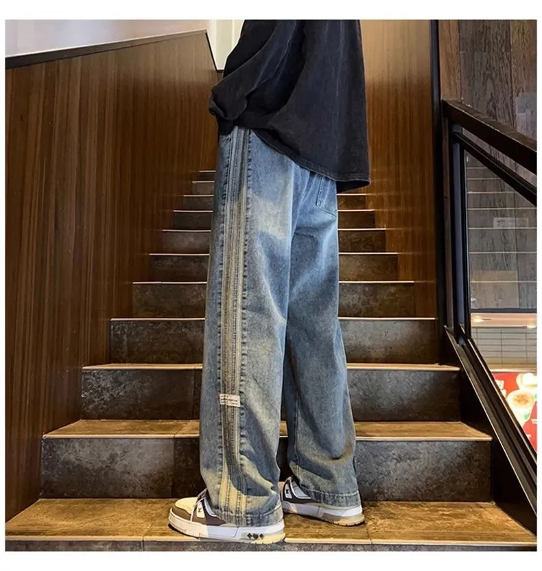 Men's Trendy Elastic Waist Jeans - Loose Fit Straight Wide Leg High Street American Style Pants for Teenagers & Adults showcase 18