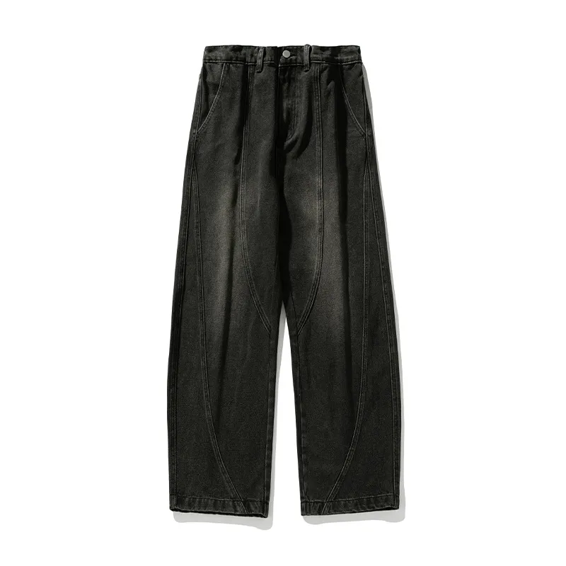 Men's Japanese Style Wide Leg Washed Jeans - Retro Loose Fit Casual Pants with Split Design for Spring thumbnail 6