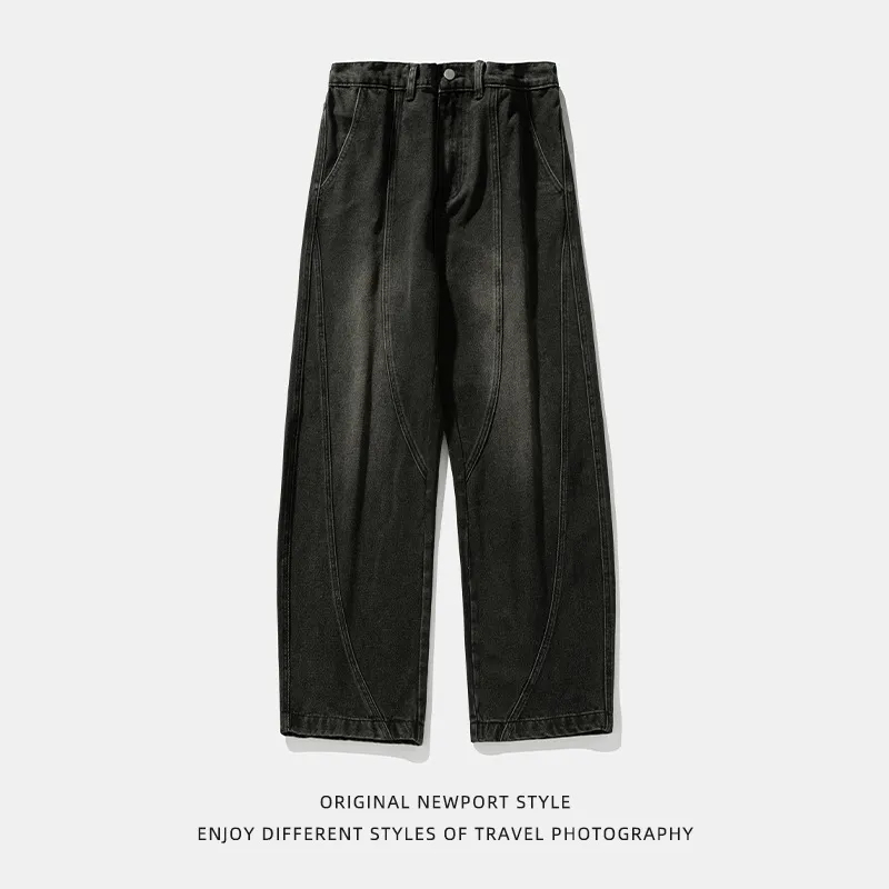 Men's Japanese Style Wide Leg Washed Jeans - Retro Loose Fit Casual Pants with Split Design for Spring thumbnail 5