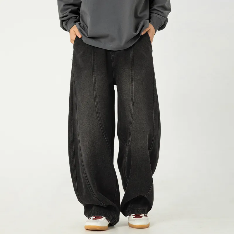Men's Japanese Style Wide Leg Washed Jeans - Retro Loose Fit Casual Pants with Split Design for Spring thumbnail 2