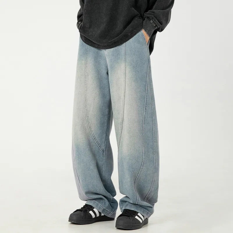 Men's Japanese Style Wide Leg Washed Jeans - Retro Loose Fit Casual Pants with Split Design for Spring thumbnail 1