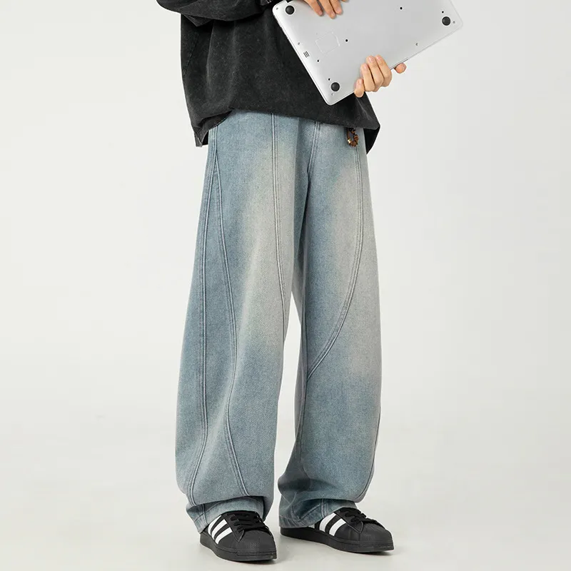 Men's Japanese Style Wide Leg Washed Jeans - Retro Loose Fit Casual Pants with Split Design for Spring thumbnail 3