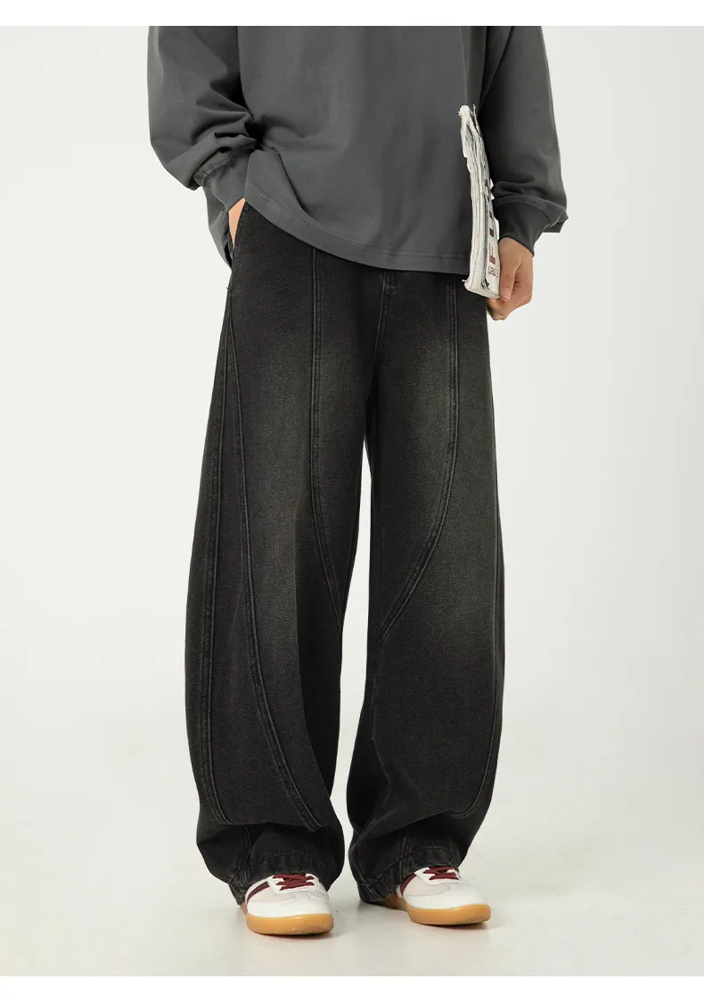 Men's Japanese Style Wide Leg Washed Jeans - Retro Loose Fit Casual Pants with Split Design for Spring showcase 19