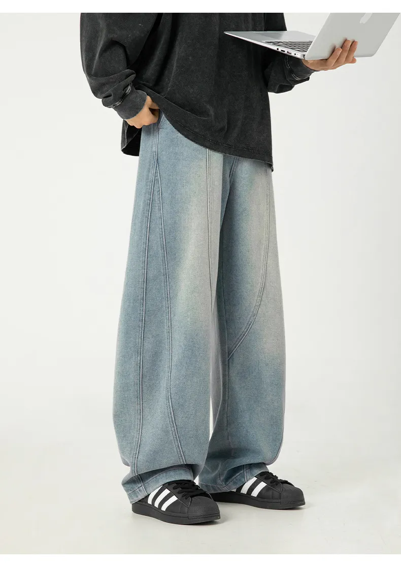Men's Japanese Style Wide Leg Washed Jeans - Retro Loose Fit Casual Pants with Split Design for Spring showcase 12