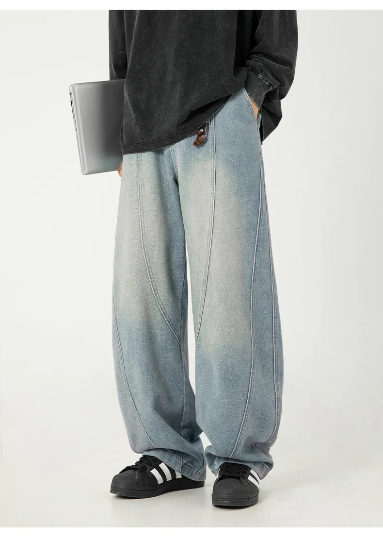 Men's Japanese Style Wide Leg Washed Jeans - Retro Loose Fit Casual Pants with Split Design for Spring showcase 13