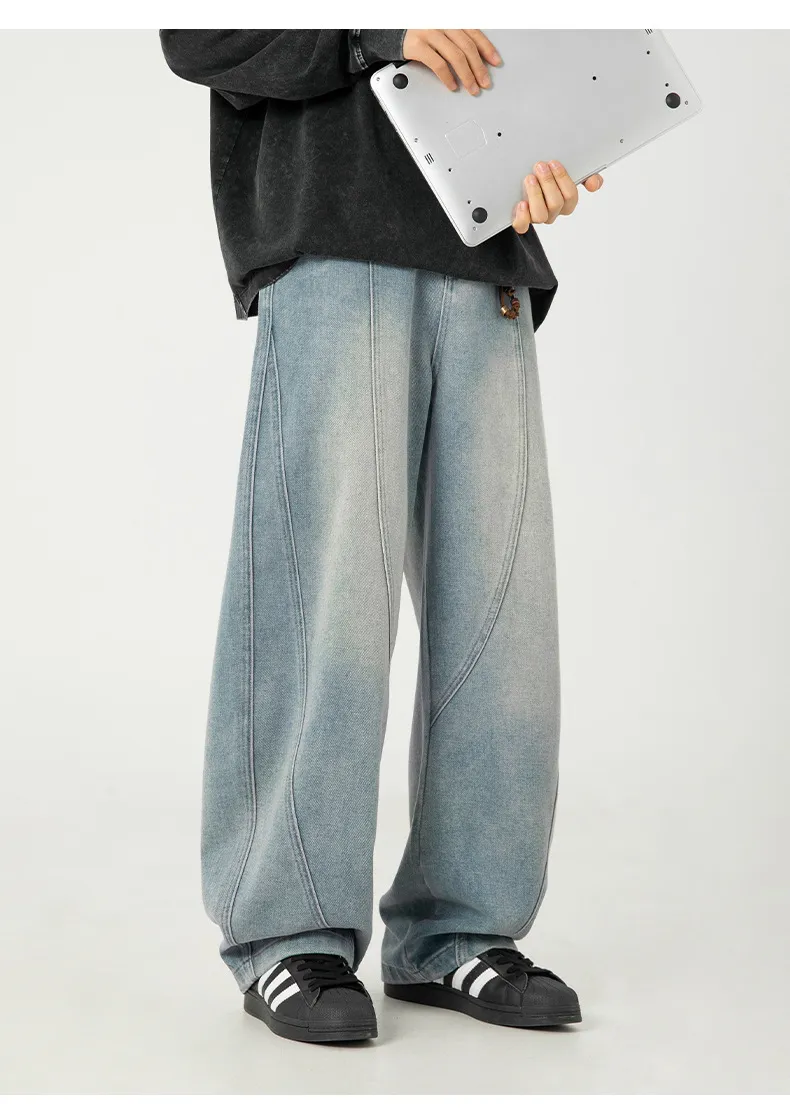 Men's Japanese Style Wide Leg Washed Jeans - Retro Loose Fit Casual Pants with Split Design for Spring showcase 11