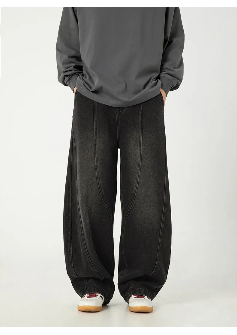 Men's Japanese Style Wide Leg Washed Jeans - Retro Loose Fit Casual Pants with Split Design for Spring showcase 15