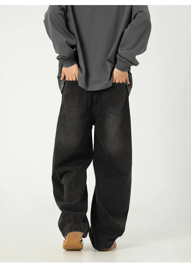 Men's Japanese Style Wide Leg Washed Jeans - Retro Loose Fit Casual Pants with Split Design for Spring showcase 16
