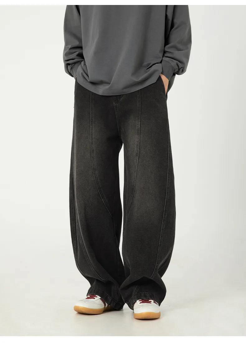 Men's Japanese Style Wide Leg Washed Jeans - Retro Loose Fit Casual Pants with Split Design for Spring showcase 17