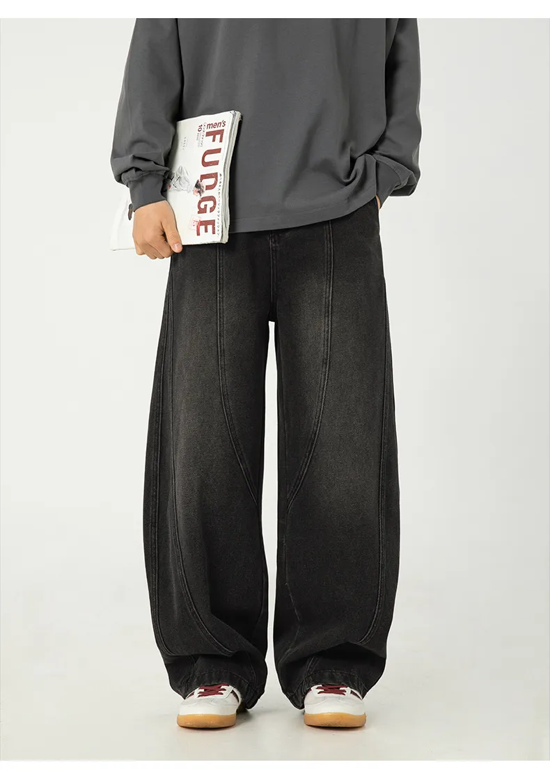 Men's Japanese Style Wide Leg Washed Jeans - Retro Loose Fit Casual Pants with Split Design for Spring showcase 18