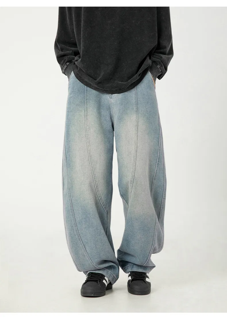 Men's Japanese Style Wide Leg Washed Jeans - Retro Loose Fit Casual Pants with Split Design for Spring showcase 14