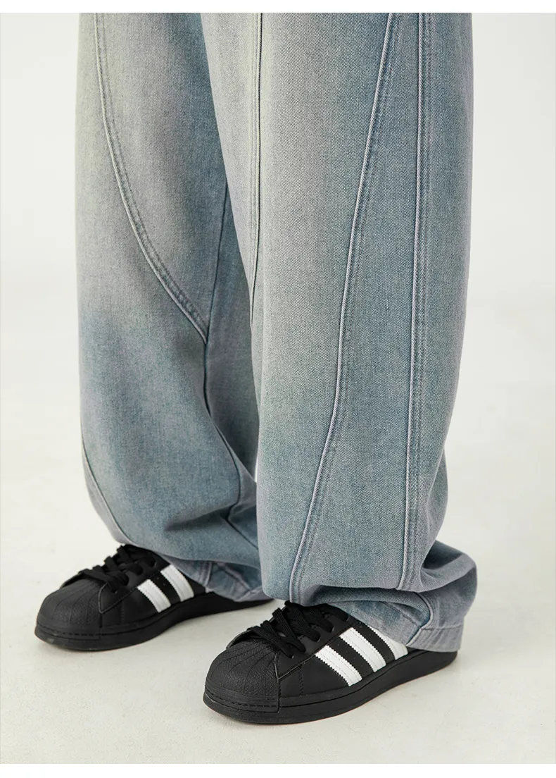 Men's Japanese Style Wide Leg Washed Jeans - Retro Loose Fit Casual Pants with Split Design for Spring showcase 10