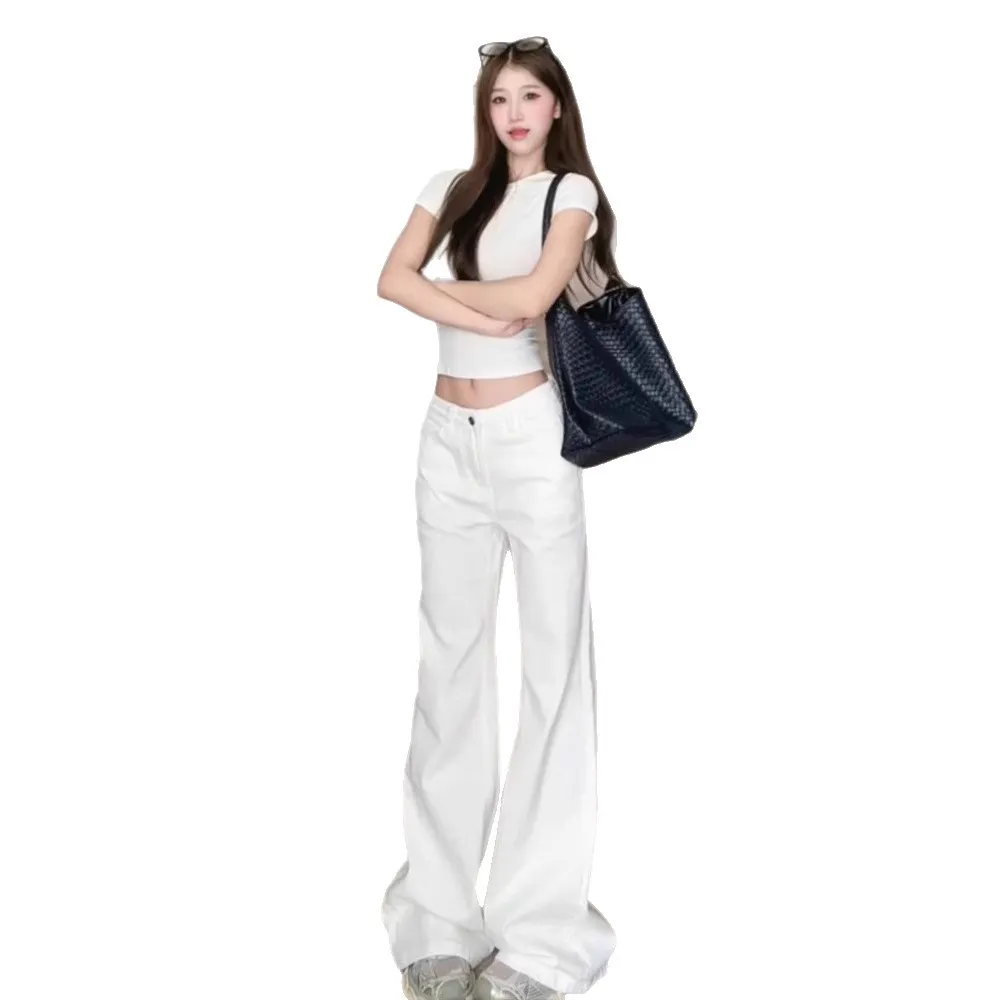 Women's White Low-Waist Stretchy Bootcut Jeans - Versatile Slimming Summer Floor-Length Horseshoe Pants thumbnail 5