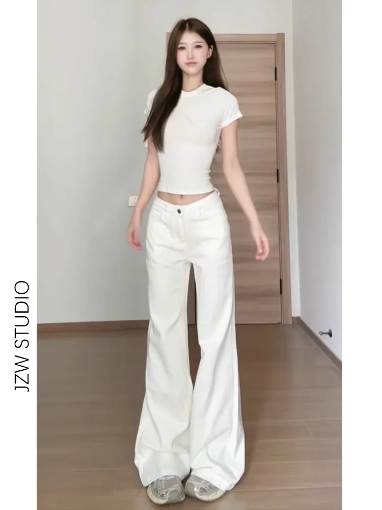 Women's White Low-Waist Stretchy Bootcut Jeans - Versatile Slimming Summer Floor-Length Horseshoe Pants thumbnail 6