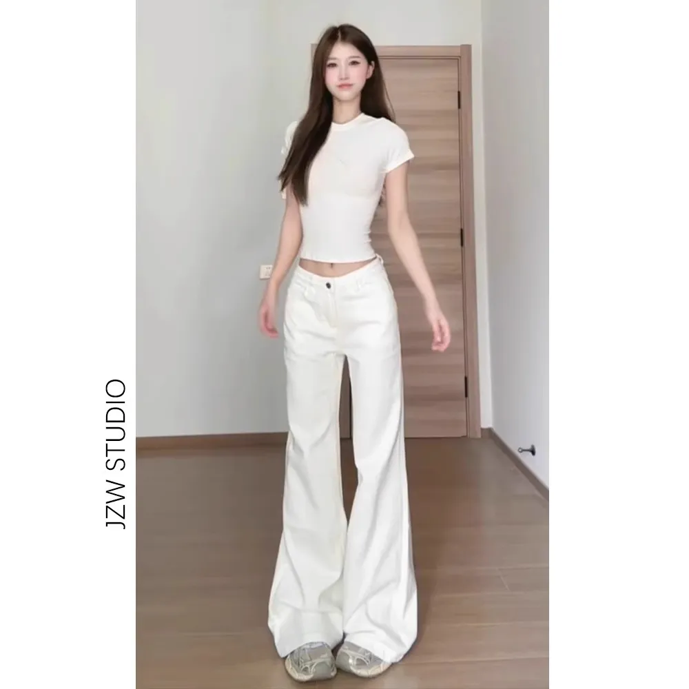 Women's White Low-Waist Stretchy Bootcut Jeans - Versatile Slimming Summer Floor-Length Horseshoe Pants thumbnail 1