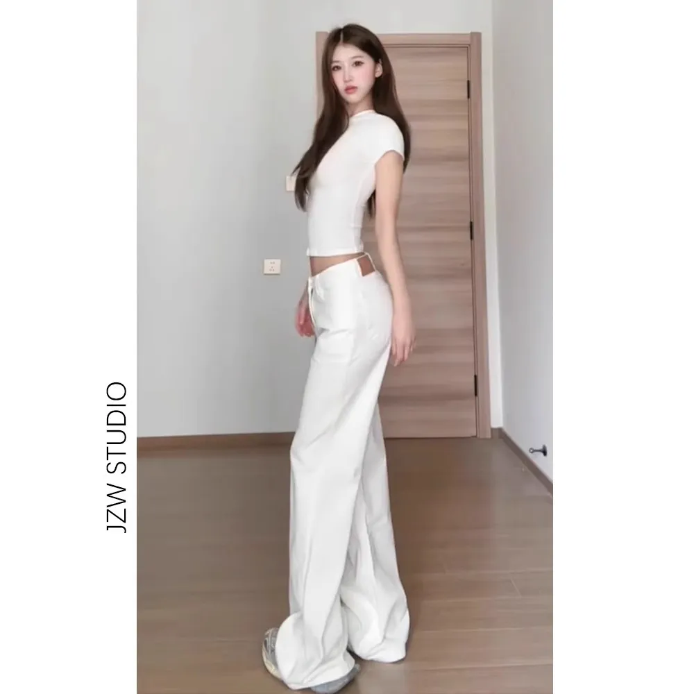 Women's White Low-Waist Stretchy Bootcut Jeans - Versatile Slimming Summer Floor-Length Horseshoe Pants thumbnail 2
