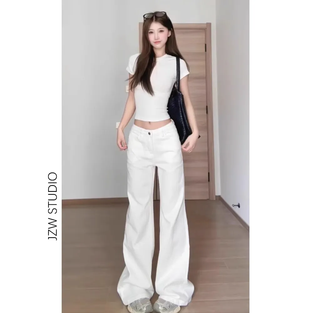 Women's White Low-Waist Stretchy Bootcut Jeans - Versatile Slimming Summer Floor-Length Horseshoe Pants thumbnail 3