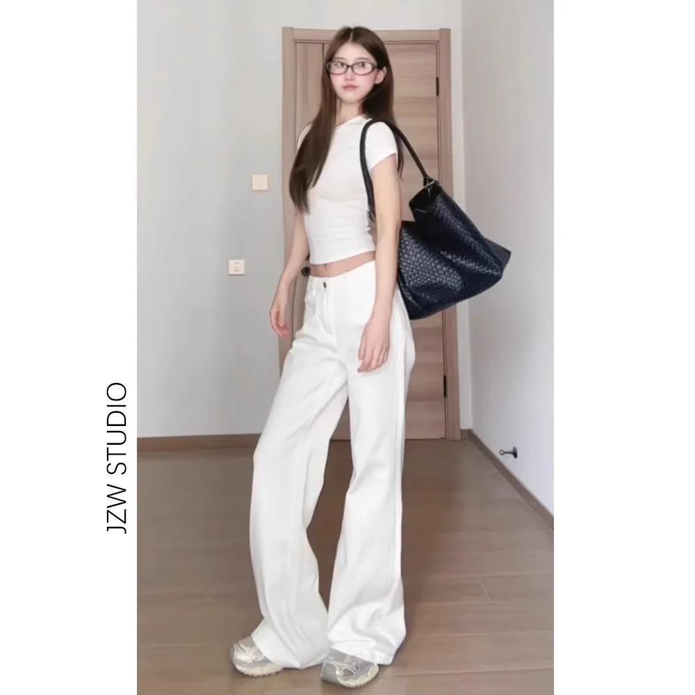 Women's White Low-Waist Stretchy Bootcut Jeans - Versatile Slimming Summer Floor-Length Horseshoe Pants thumbnail 4