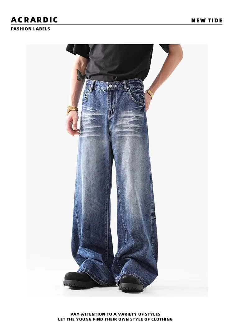 2024 High Street American Style Wash Blue Texture Jeans - Retro Loose Wide Leg Pants for Men & Women showcase 2