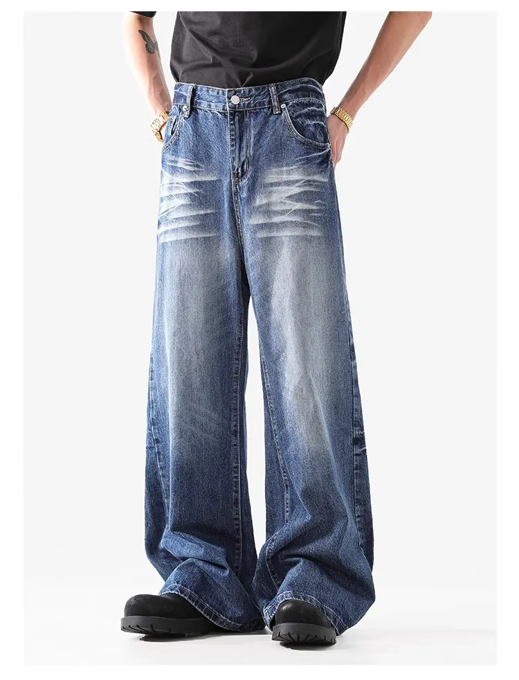 2024 High Street American Style Wash Blue Texture Jeans - Retro Loose Wide Leg Pants for Men & Women showcase 8