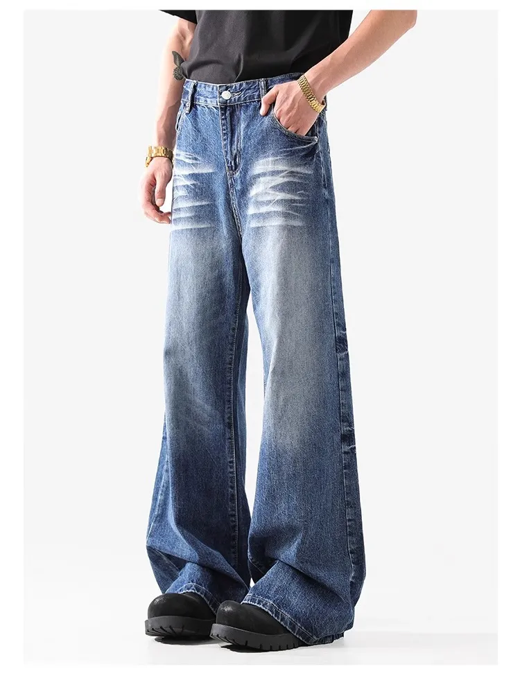 2024 High Street American Style Wash Blue Texture Jeans - Retro Loose Wide Leg Pants for Men & Women showcase 11
