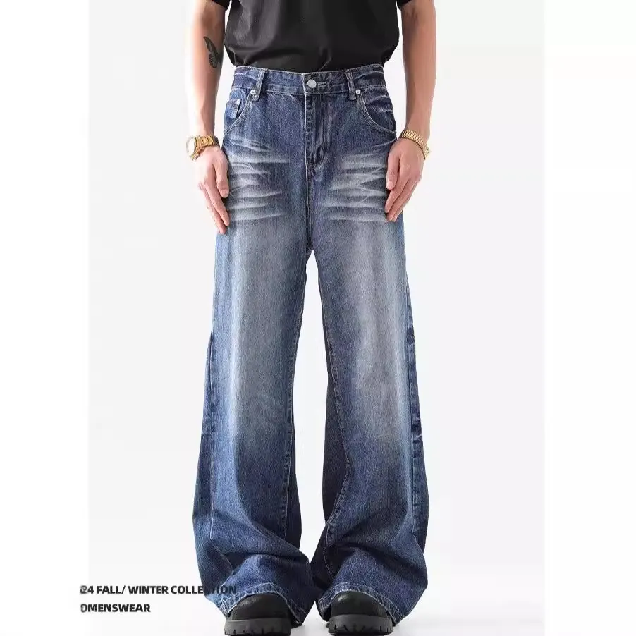 2024 High Street American Style Wash Blue Texture Jeans - Retro Loose Wide Leg Pants for Men & Women thumbnail 2
