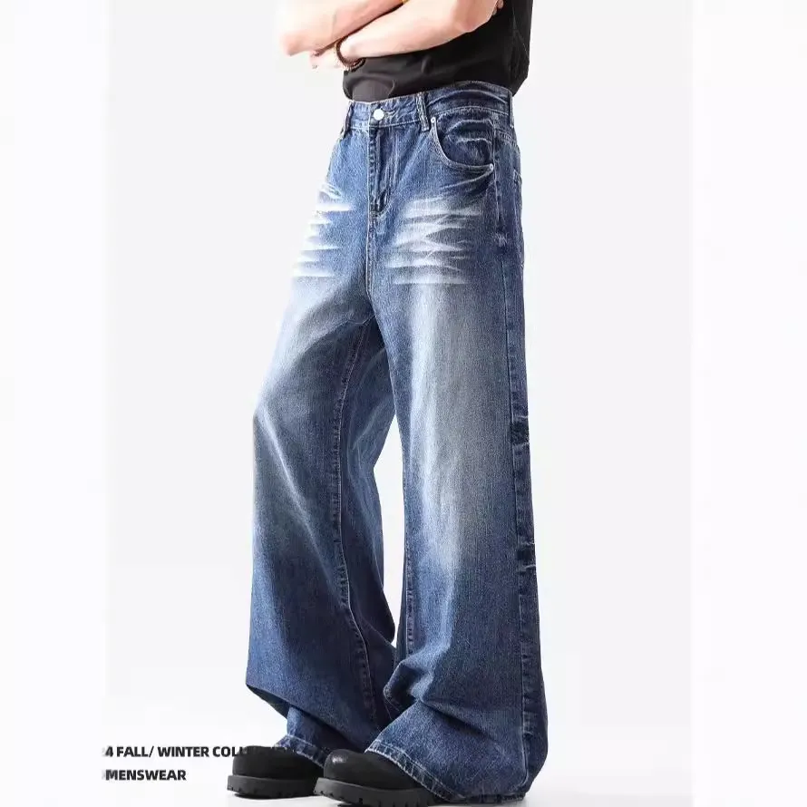 2024 High Street American Style Wash Blue Texture Jeans - Retro Loose Wide Leg Pants for Men & Women thumbnail 1