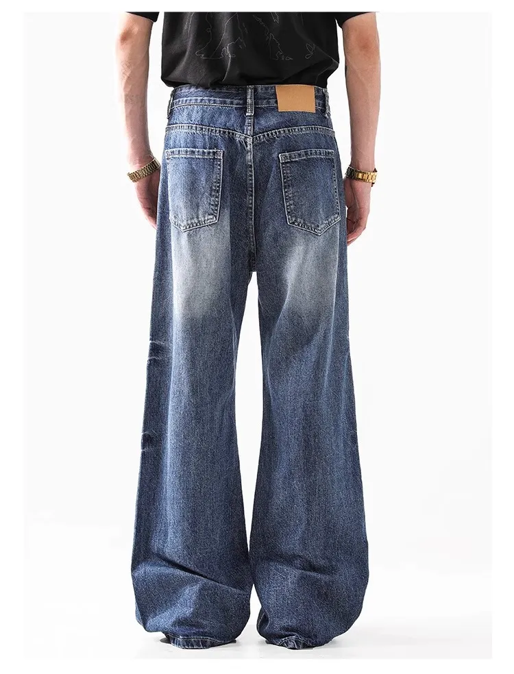 2024 High Street American Style Wash Blue Texture Jeans - Retro Loose Wide Leg Pants for Men & Women showcase 14